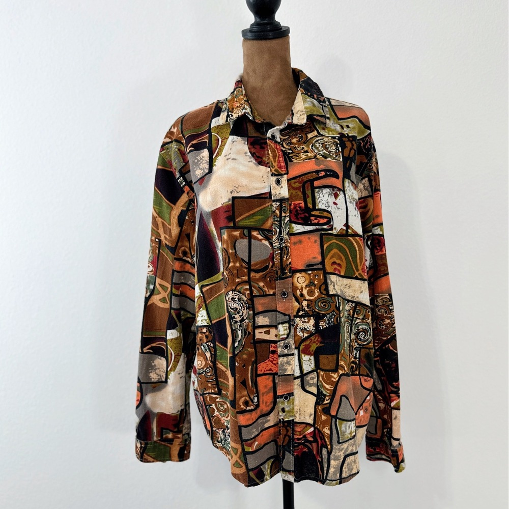 Luc Matton Abstract Art Print Shirt Mens XL Multicolor Good Snap Button Down